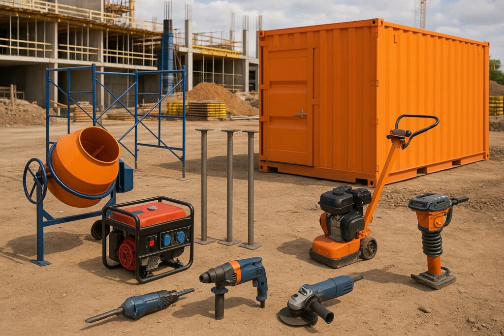 equipamentos para construção civil, etapas da obra, aluguel de equipamentos, locação para fundação, alvenaria e acabamento, compactador a percussão, andaimes metálicos, nível a laser, misturador de argamassa, máquina de pintura airless, batedor de tinta, ferramentas elétricas